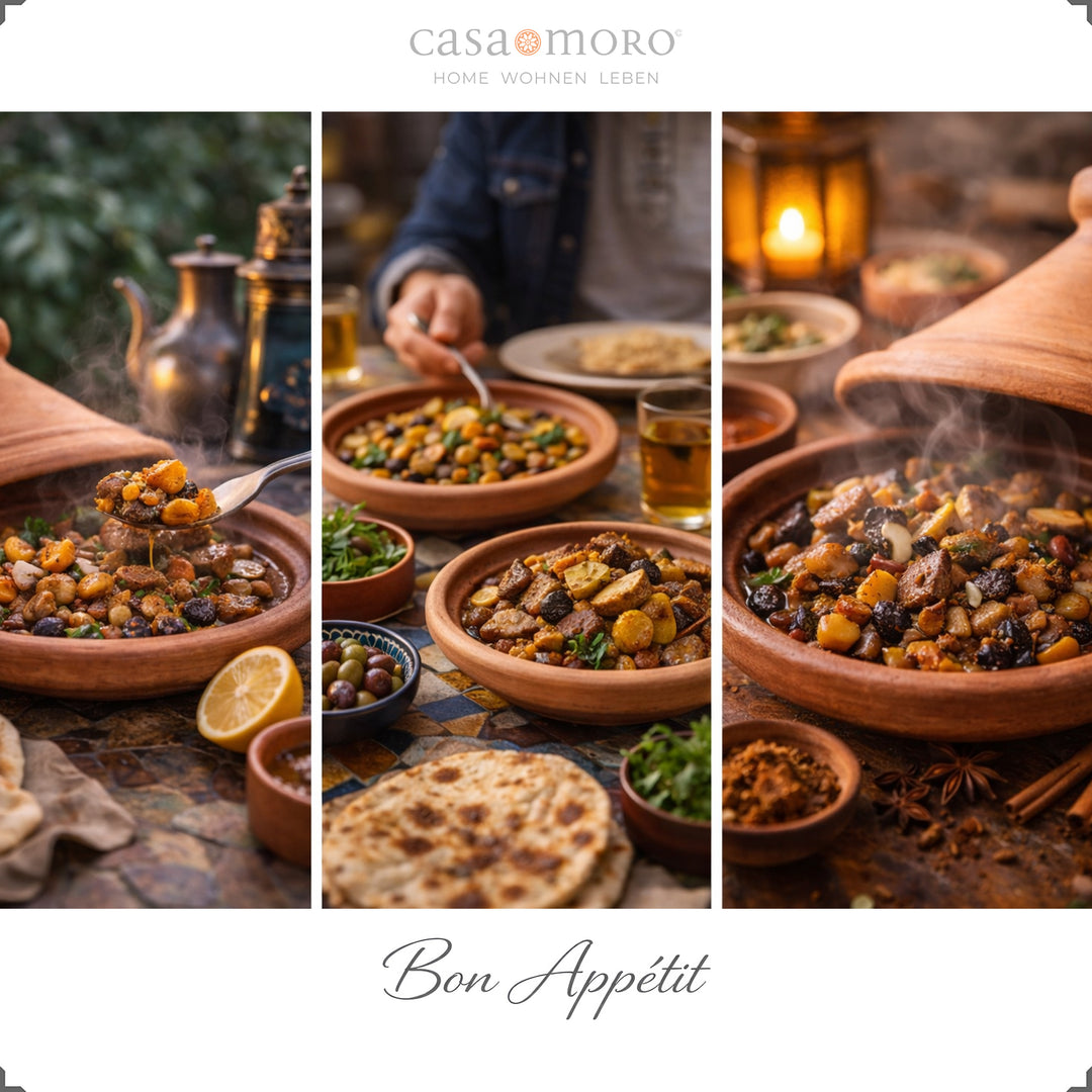 Marokkanische Tagine als Schmortopf aus Ton, ideal für Lamm, Hähnchen oder Fisch mit Gewürzmischung