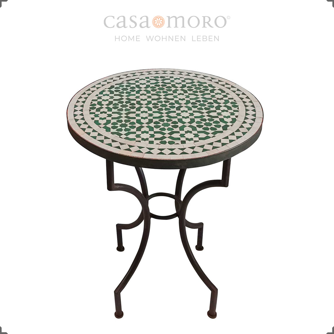 Handgefertigter Gartentisch mit Zellige-Muster in Grün und Weiß, Bistrotisch rund