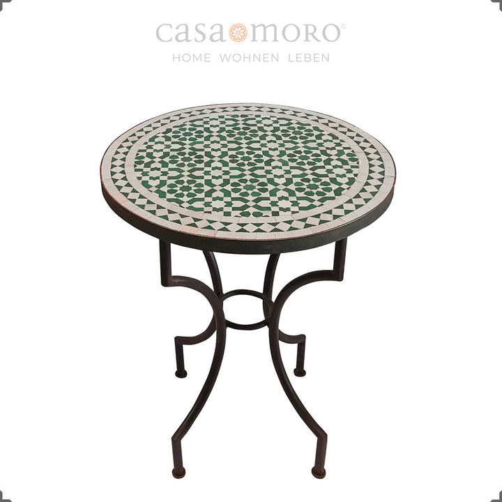 Handgefertigter Gartentisch mit Zellige-Muster in Grün und Weiß, Bistrotisch rund