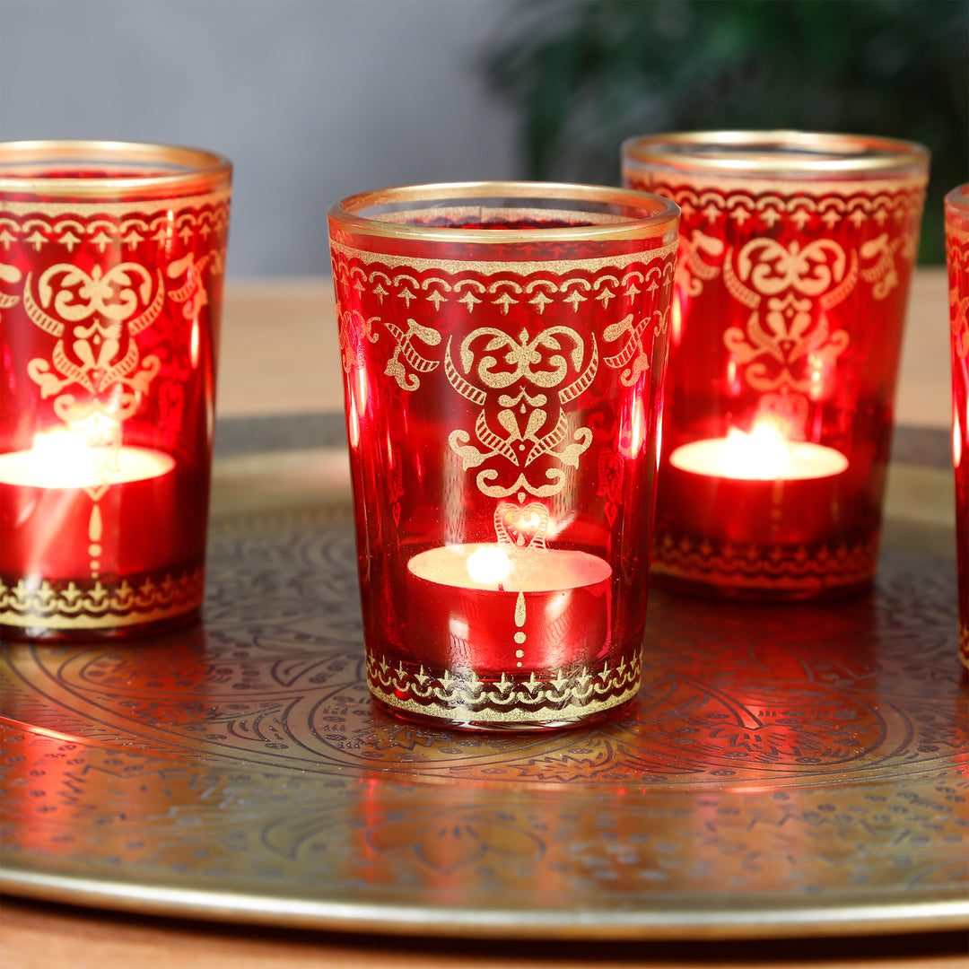 Set di 6 portacandele in vetro rosso oro