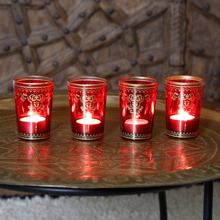 Set di 6 portacandele in vetro rosso oro