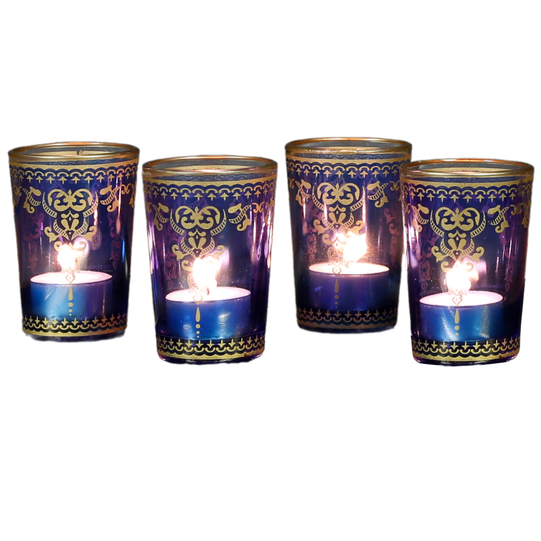 Set di 6 portacandele in vetro blu oro