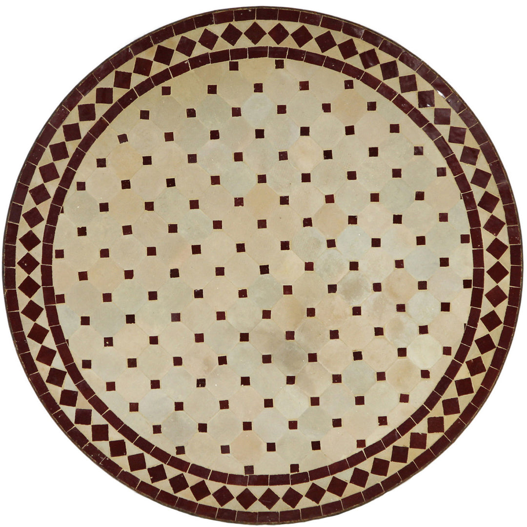 Terrassentisch Rund 120 cm mit Mosaikplatte aus handgefertigten Zellige-Fliesen in Bordeaux-Terracotta