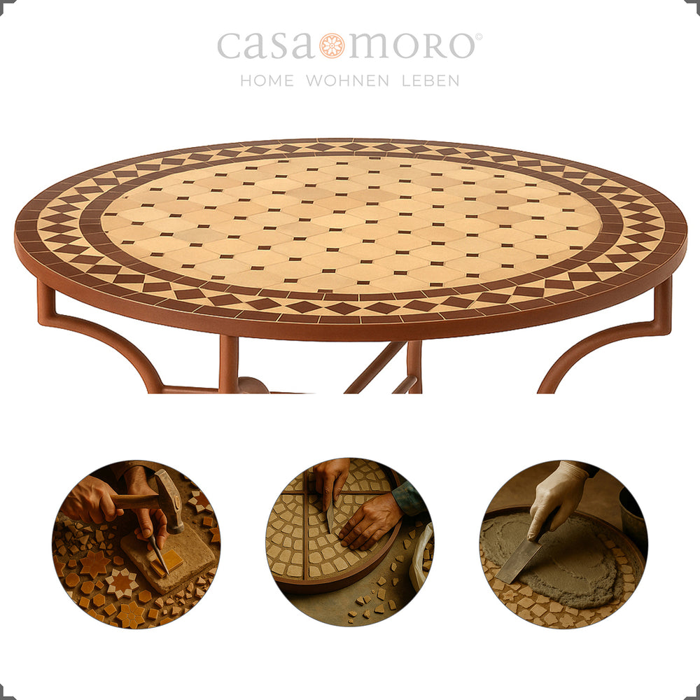 Großer Mosaiktisch Ø 120 cm – ideal als Terrassentisch für vier bis sechs Personen