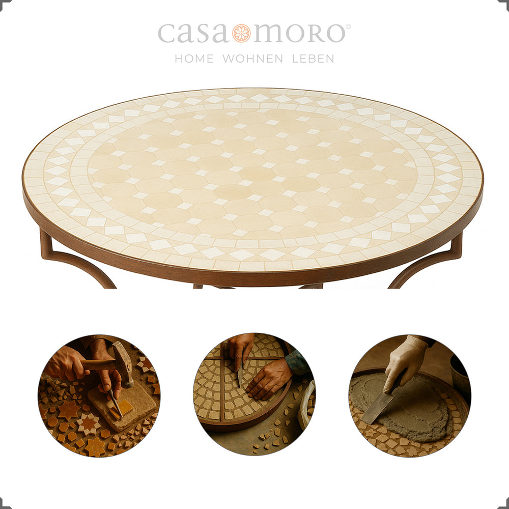 Mosaik aus Zellige-Fliesen in Weiß und Terracotta – traditionell gefertigt in Marokko