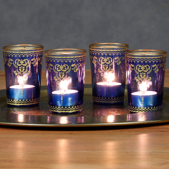 Set di 6 portacandele in vetro blu oro