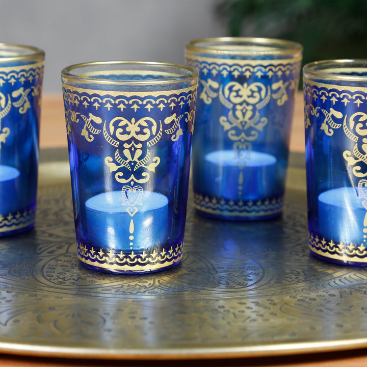 Set di 6 portacandele in vetro blu oro