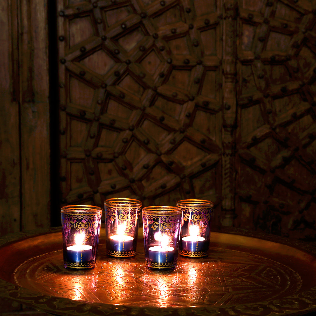 Set di 6 portacandele in vetro blu oro