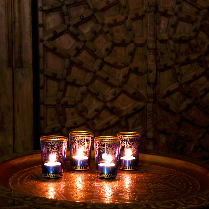 Set di 6 portacandele in vetro blu oro