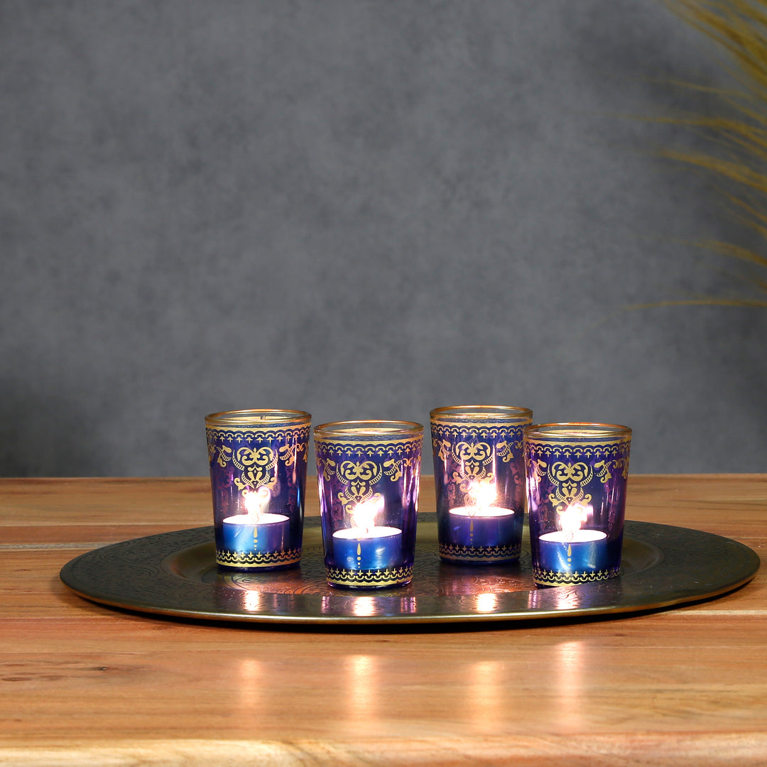 Set di 6 portacandele in vetro blu oro