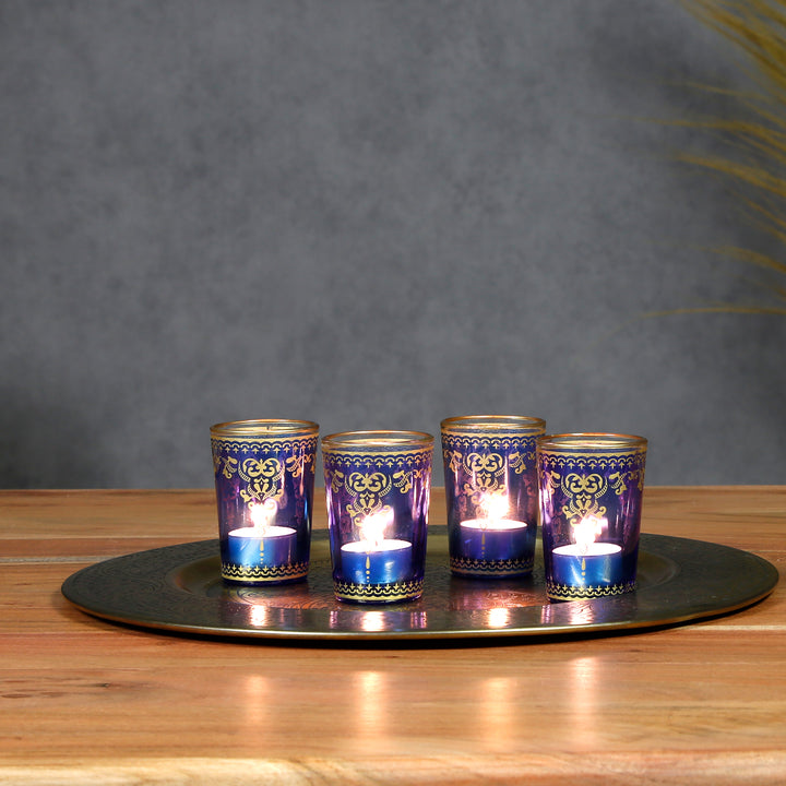 Set di 6 portacandele in vetro blu oro