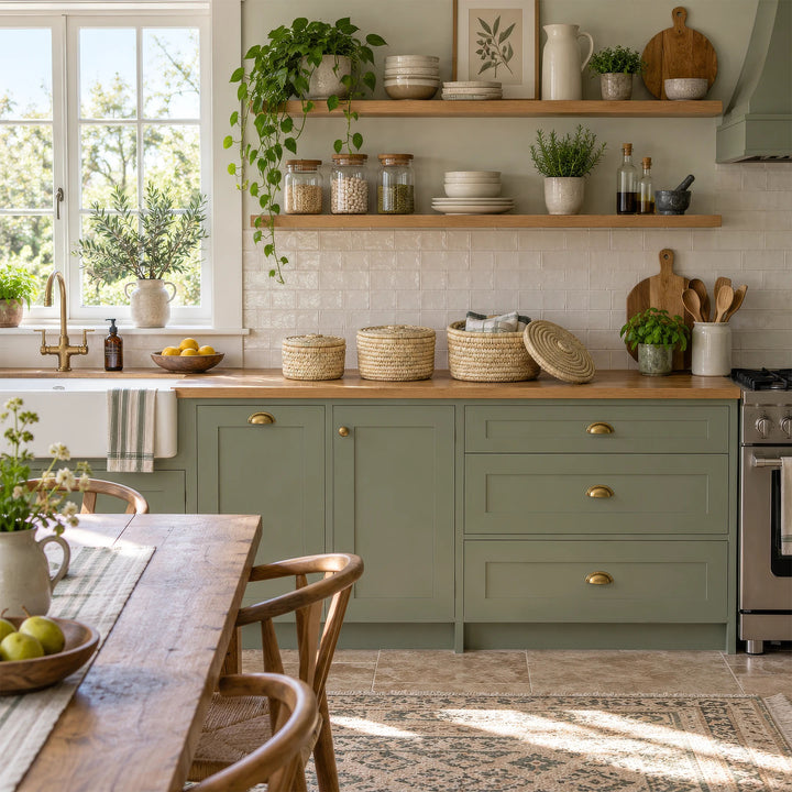Tre cesti di foglie di palma in cucina, il più grande dei quali contiene strofinacci: con una capienza di 3,5 litri, 7 litri e 15 litri.