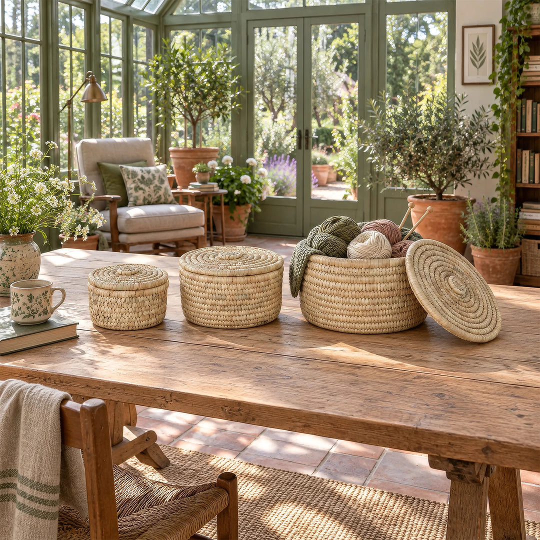 Tre cesti di foglie di palma nel giardino d'inverno, il più grande dei quali contiene il necessario per lavorare a maglia: con una capienza rispettivamente di 3,5 litri, 7 litri e 15 litri.