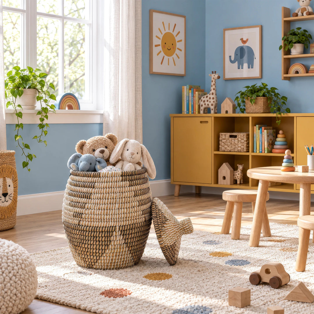 Cesto in alghe marine nei colori naturale/marrone/nero/bianco, con una capienza di circa 30 litri, e peluche nella cameretta dei bambini.