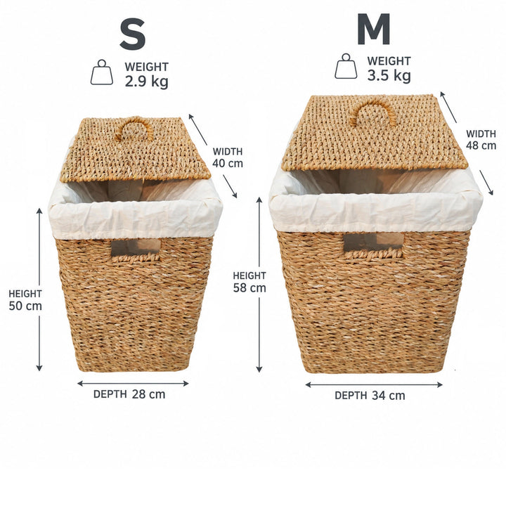 Misure del set in erba marina: S 40 × 28 × 50 cm e 2,9 kg; M 48 × 34 × 58 cm e 3,5 kg.
