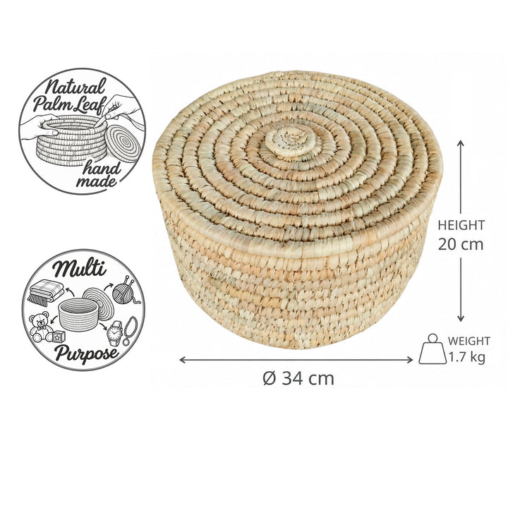 Cesto portaoggetti con coperchio in foglia di palma, misura L: Ø 34 cm, altezza 20 cm, capacità 15 litri e peso 1,7 kg.