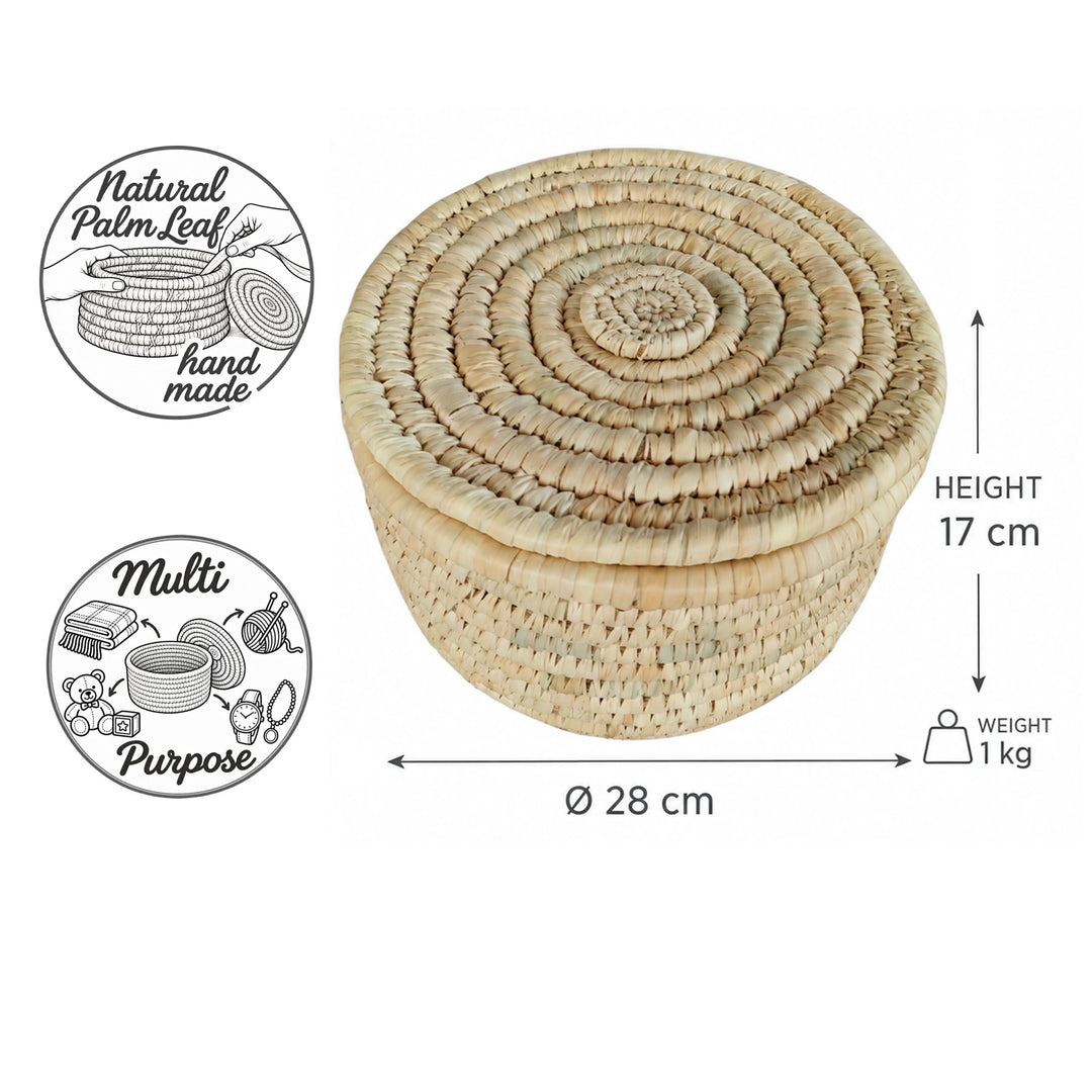 Cesto portaoggetti intrecciato a mano con coperchio in foglia di palma, misura M: Ø 28 cm, altezza 17 cm e peso 1 kg.