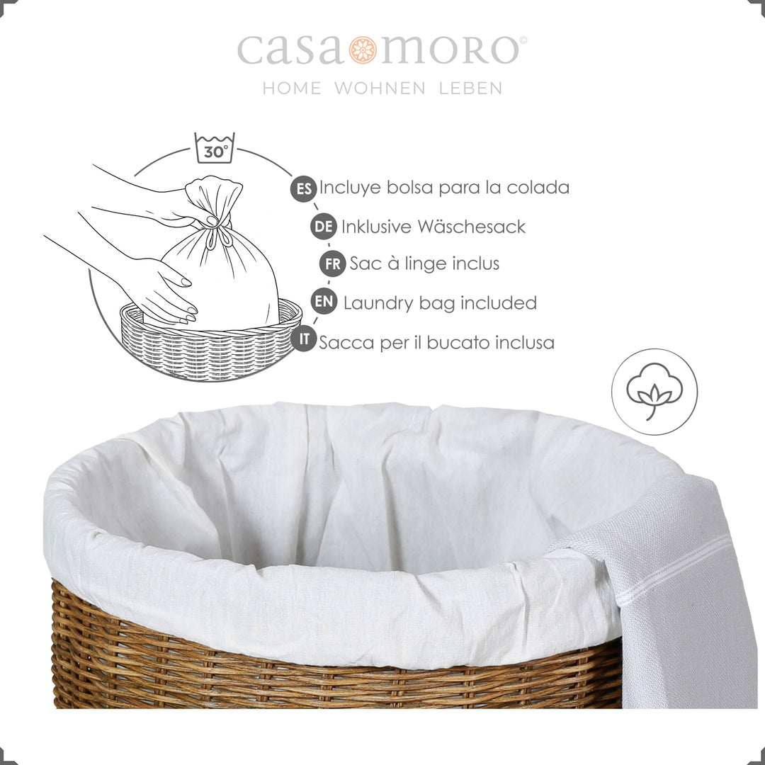 Dunkelbrauner Aufbewahrungskorb aus geflochtenem Natur-Rattan, mit Baumwollinnensack und Deckel