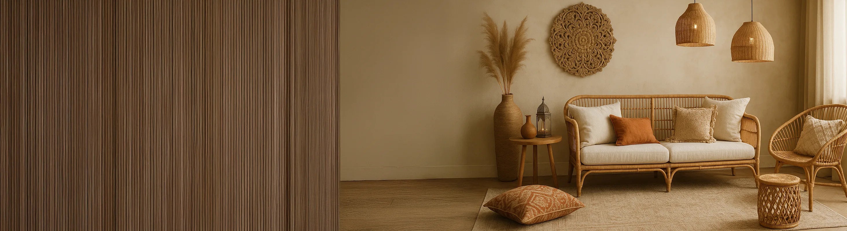 Stile boho – Soggiorno chic in stile boho con mobili in rattan, toni naturali, cuscini intrecciati, lampade intrecciate e accenti decorativi marocchini