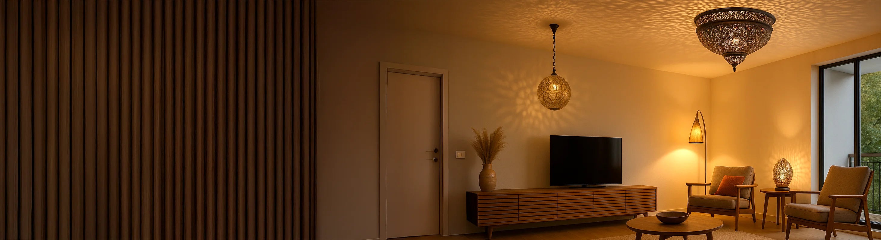Plafoniere – Soggiorno con plafoniere fatte a mano, lampada da terra e lampada da tavolo: illuminazione suggestiva in un ambiente caldo