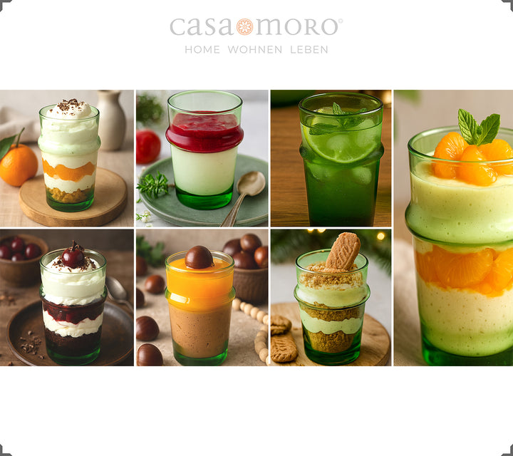 Dessert raffinati in un set di vetro verde - preparati in modo suggestivo per le feste o per la vita di tutti i giorni
