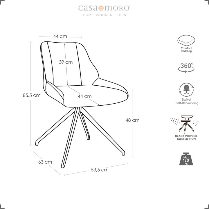 Maßzeichnung des 360° drehbaren Esszimmerstuhls in Hellgrau mit Maßen, Metallgestell und Symbolen für Auto-Return-Funktion, Komfortpolsterung und Tragkraft bis 120 kg