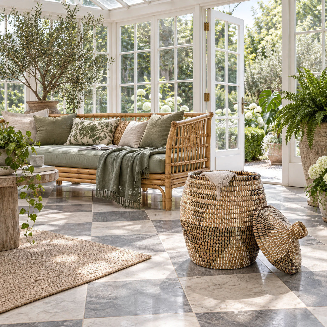 Cesto aperto in alghe marine nei colori naturale/marrone/nero/bianco, con una capienza di circa 30 litri e coperchio, da collocare nel giardino d’inverno.