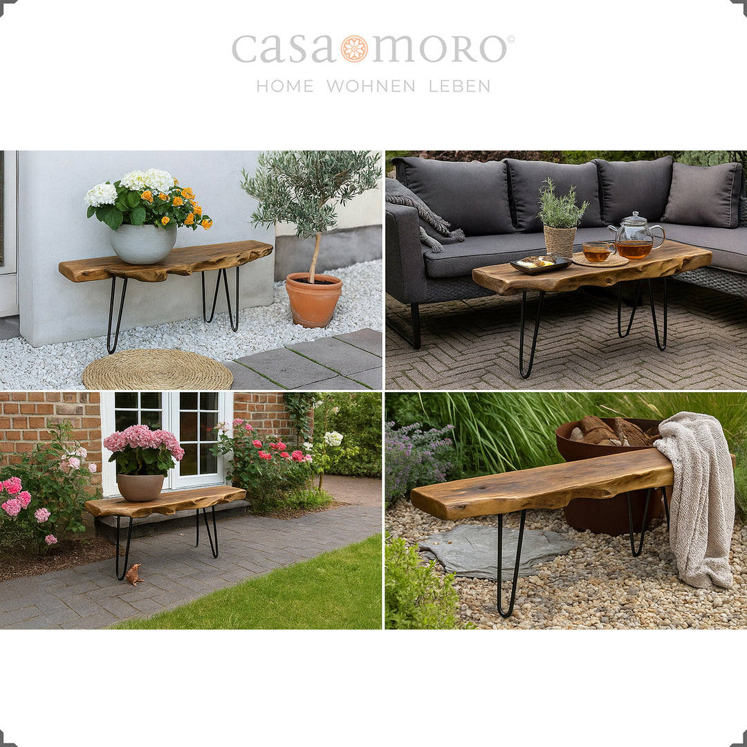 Teakholz-Gartenbank als Tisch oder Pflanzbank im Außenbereich, inszeniert zwischen Blumen, Terrasse und Lounge