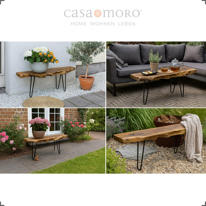 Teakholz-Gartenbank als Tisch oder Pflanzbank im Außenbereich, inszeniert zwischen Blumen, Terrasse und Lounge