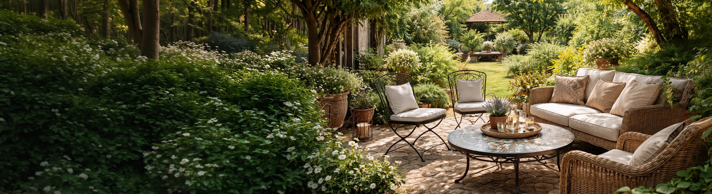Sedie e divani da giardino – Garten mit Sitzgruppe aus Rattan-Sofa und Eisenstühlen rund um Mosaiktisch auf Naturstein-Terrasse im Grünen
