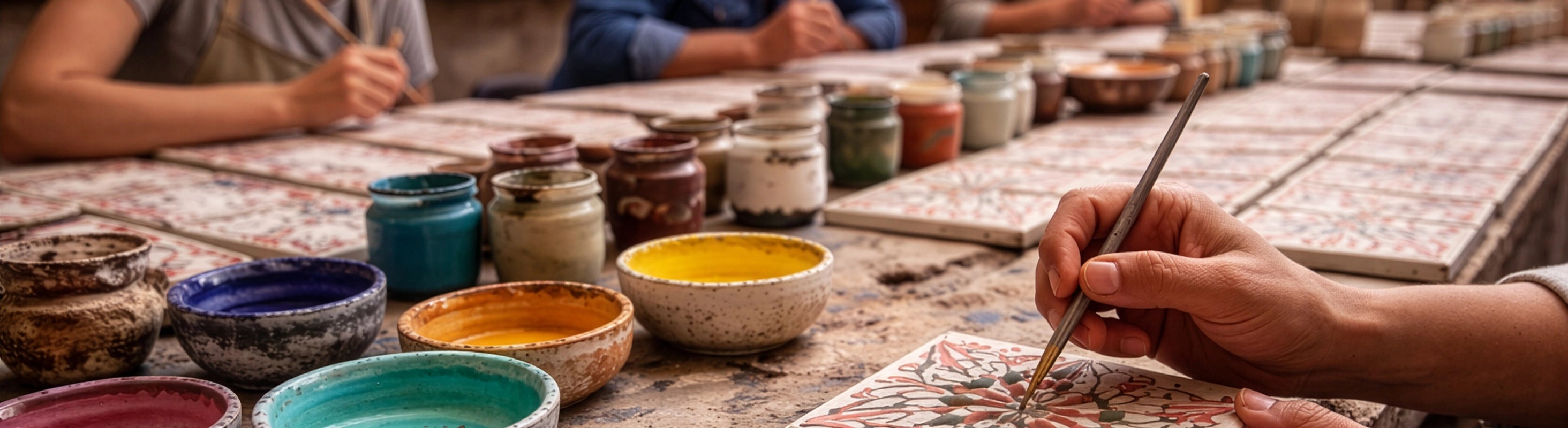 Piastrelle dipinte a mano – Laboratorio tradizionale in Marocco che dipinge a mano piastrelle di ceramica dipinte a mano
