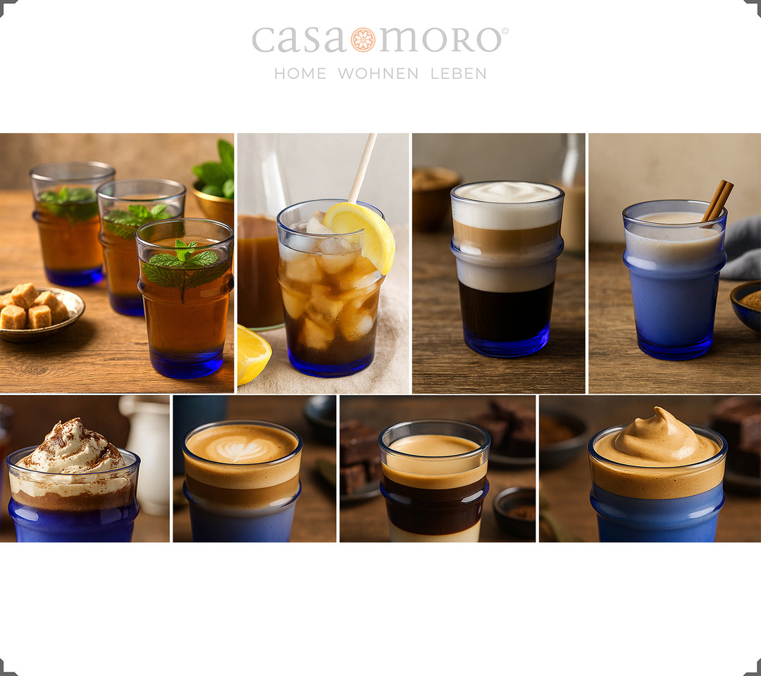 Primo piano di bicchieri in vetro bluastro - aspetto superficiale tipico dei bicchieri da caffè soffiati a bocca