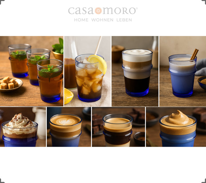 Primo piano di bicchieri in vetro bluastro - aspetto superficiale tipico dei bicchieri da caffè soffiati a bocca