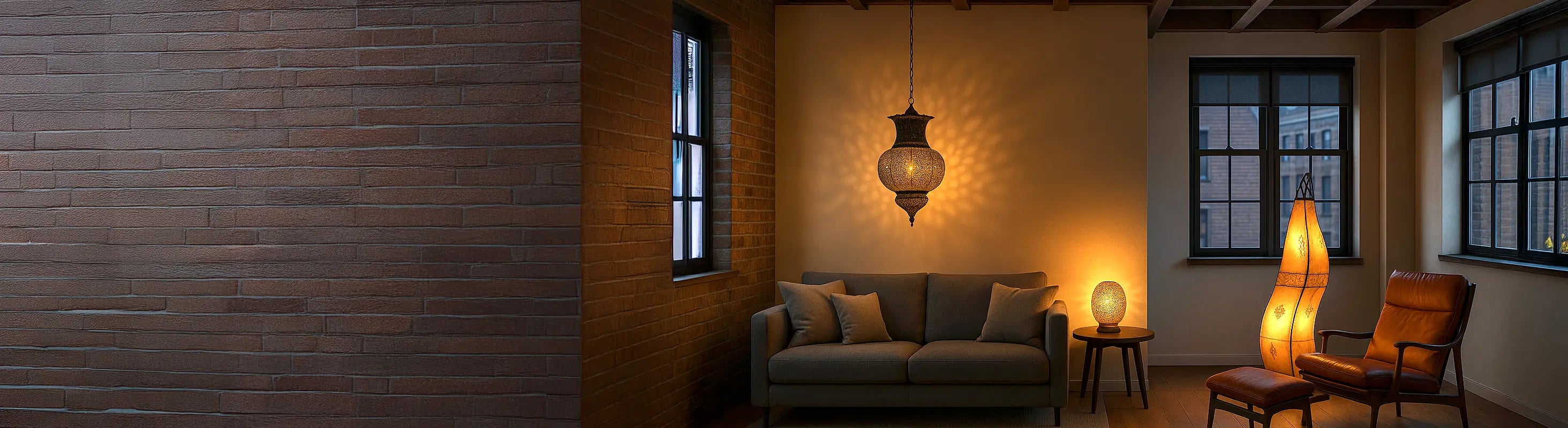 Lampade e luci – Wohnzimmer mit orientalischer Hängelampe, Tischlampe und Stehlampe – stimmungsvolle Beleuchtung neben Sofa und Sessel