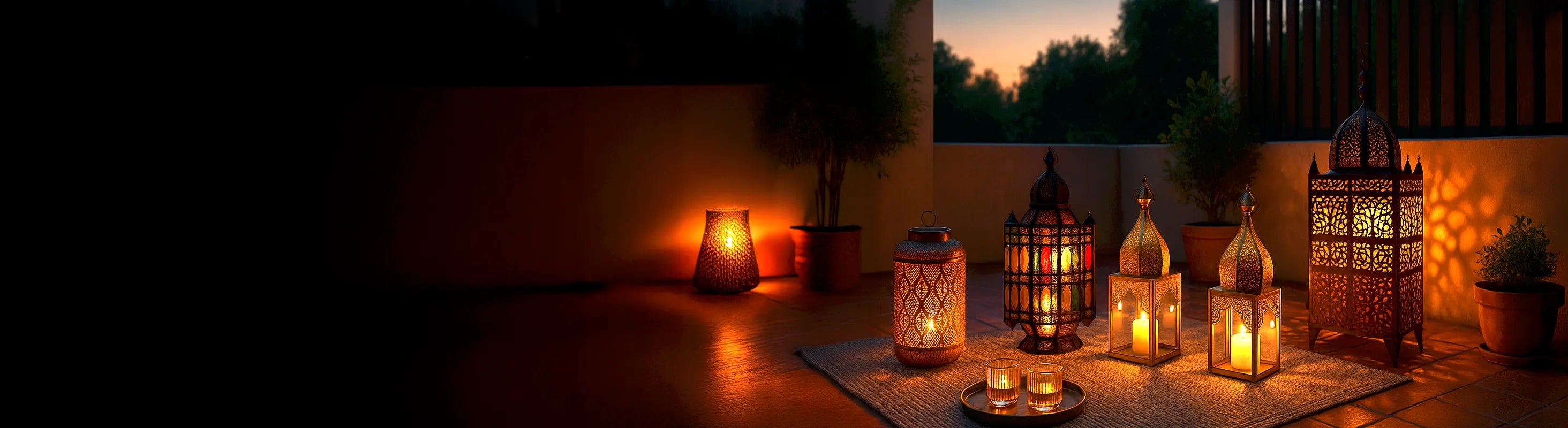 Lanterne – Lanterne orientali con candele sulla terrazza al tramonto: illuminazione esterna suggestiva per giardino e balcone