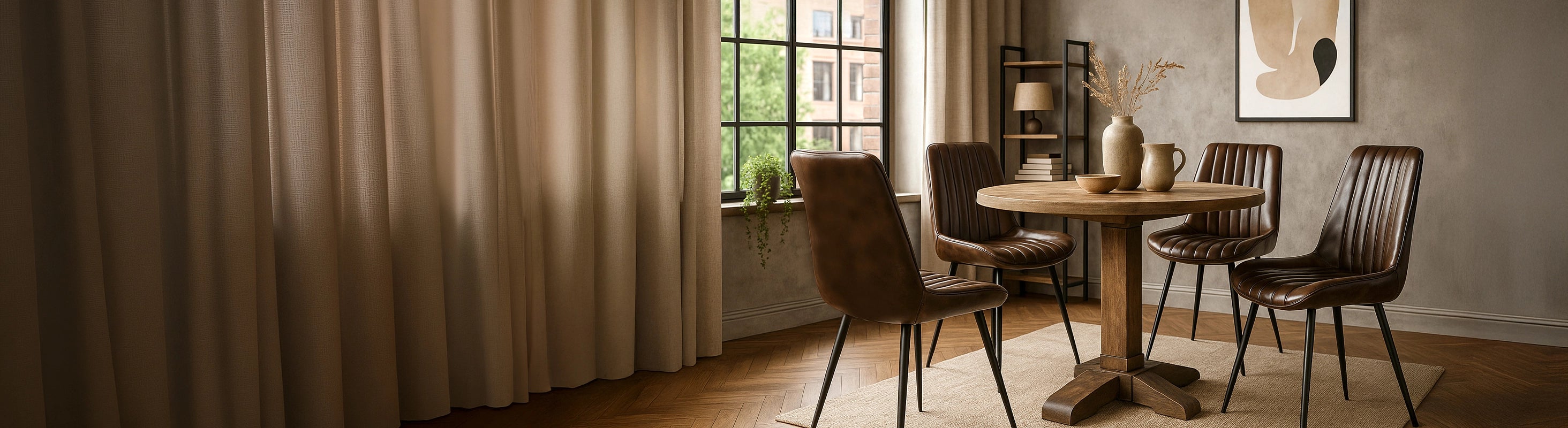 Sedie in pelle – Sedie in pelle marrone sul tavolo da pranzo rotondo nel soggiorno - sedie per sala da pranzo con struttura in metallo nel soggiorno moderno