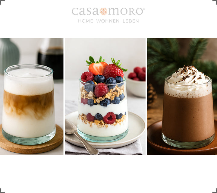 Quattro bicchieri da long drink dalla forma semplice, leggermente conica, soffiati a bocca