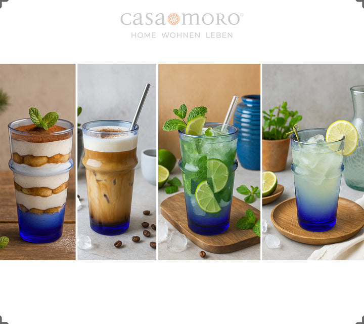 Bicchieri da long drink in blu con una vivace struttura in vetro, soffiato a mano in stile tradizionale