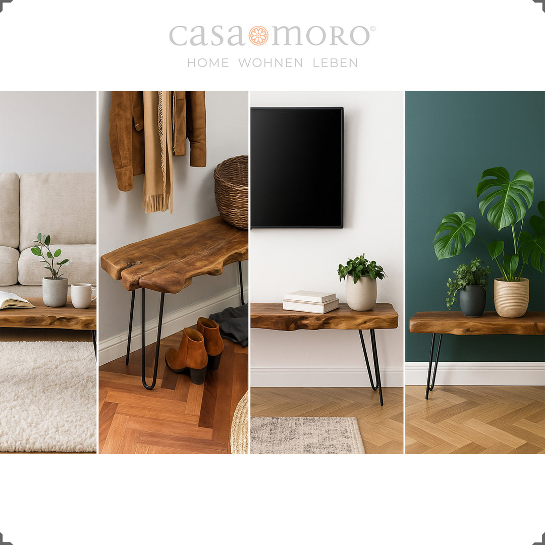 Teakholz-Lowboard mit naturbelassener Formgebung, genutzt als TV-Bank, Sideboard oder Pflanzenpodest