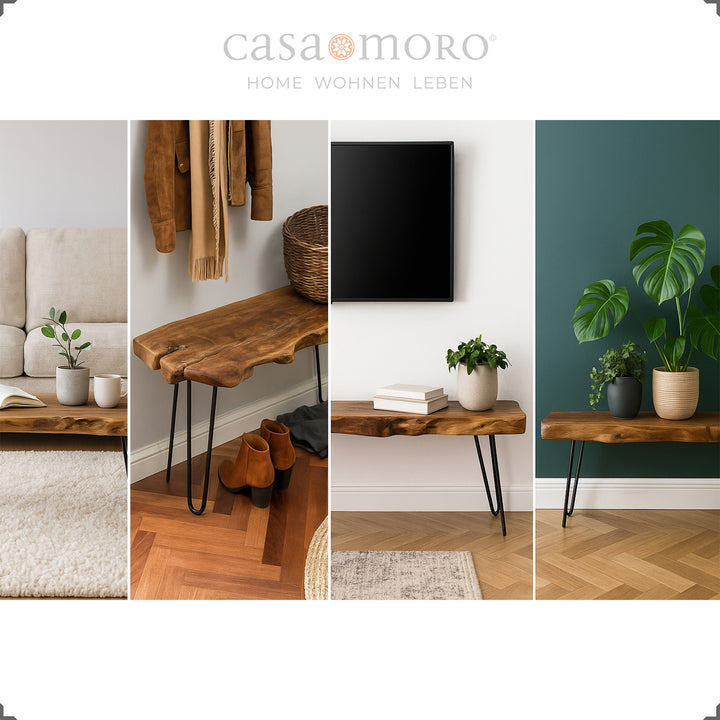 Teakholz-Lowboard mit naturbelassener Formgebung, genutzt als TV-Bank, Sideboard oder Pflanzenpodest