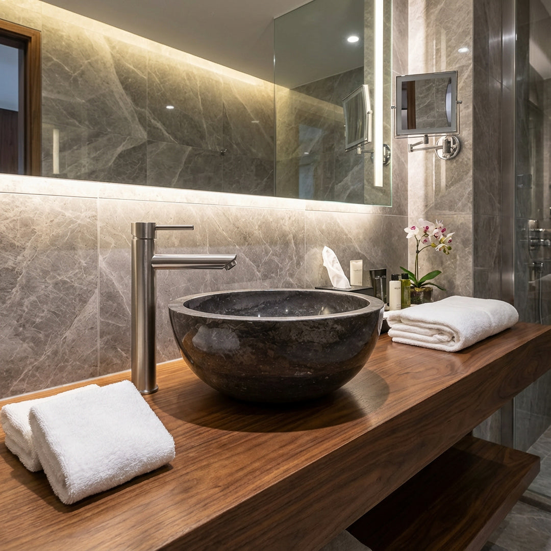 Rundes Waschbecken aus dunklem Stein auf Holzwaschtisch mit Edelstahlarmatur im eleganten, modernen Badezimmerambiente