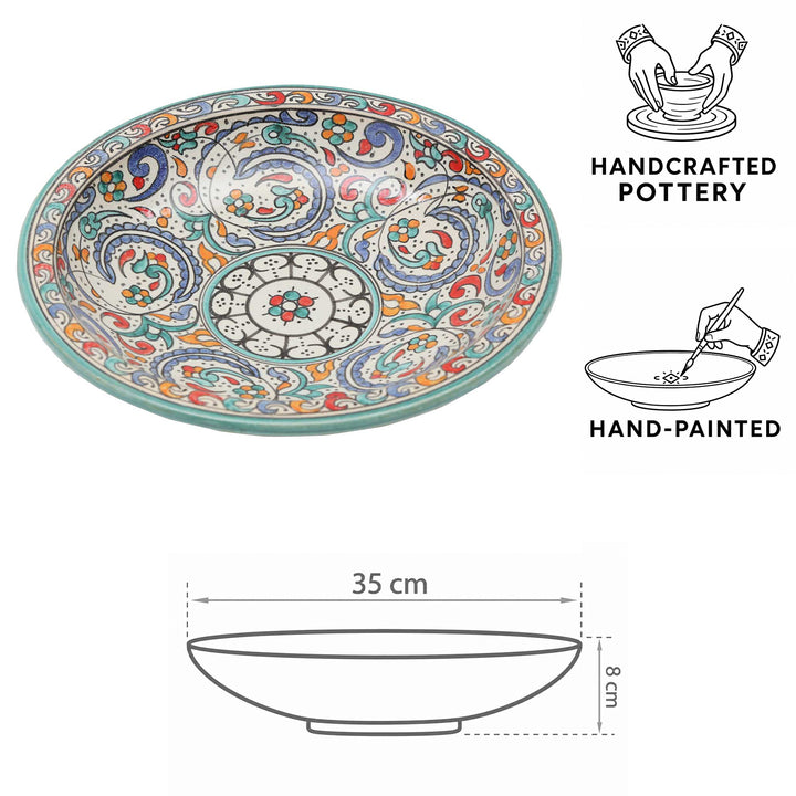Ciotola in ceramica marocchina dipinta a mano con bordo turchese, motivi floreali e dimensioni: Ø 35 cm e altezza 8 cm