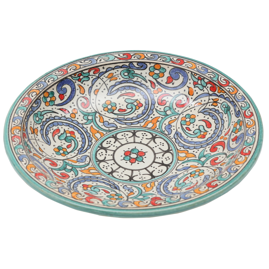 Grande ciotola in ceramica marocchina con bordo turchese e decorazioni floreali