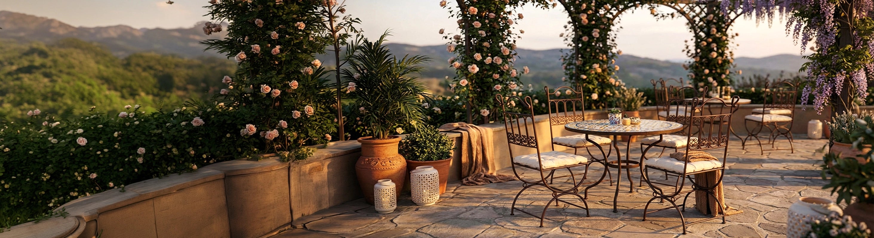 Sedie in metallo – Sedie marocchine in ferro metallico sulla terrazza con tavolo in mosaico in giardino - sedie forgiate a mano per esterni e zona pranzo