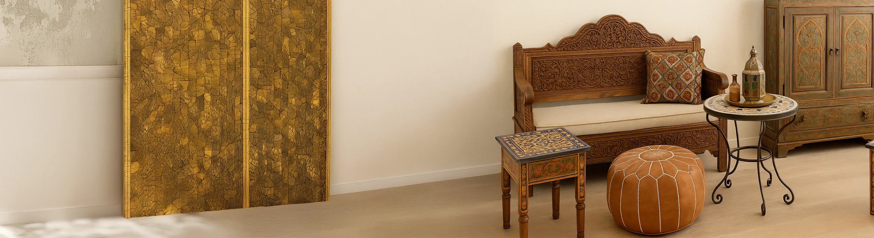 Mobili marocchini – Un soggiorno arredato con stile con mobili marocchini artigianali in legno, mosaico e metallo dal design orientale.