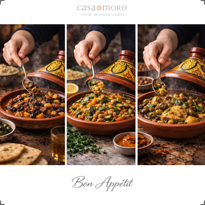 Glasierte Tajine aus Ton für 4–6 Personen, marokkanisch bemalter Schmortopf beim Servieren von lamm, vegetarisch oder hähnchen