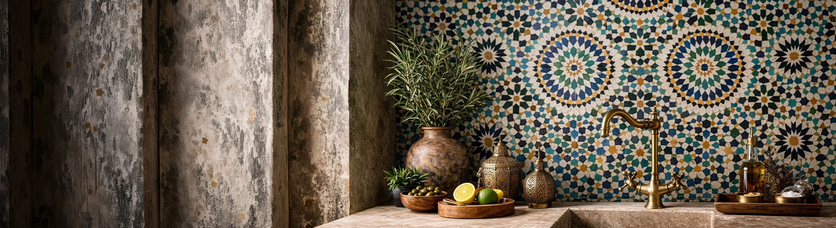 Piastrelle cellulari – Piastrelle zellige marocchine dal tradizionale motivo geometrico come decorazione da parete in una cucina di ispirazione orientale