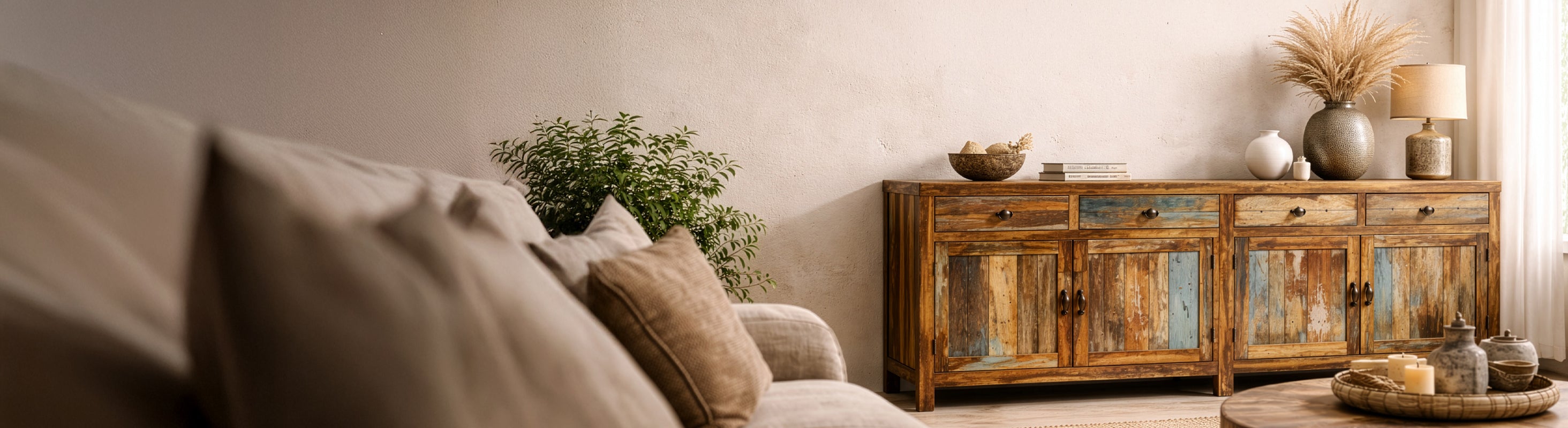 Mobili in legno massiccio – Banner della Collezione Creative con mobili FATTI A MANO in legno massello e legno di recupero di mango in stile boho vintage