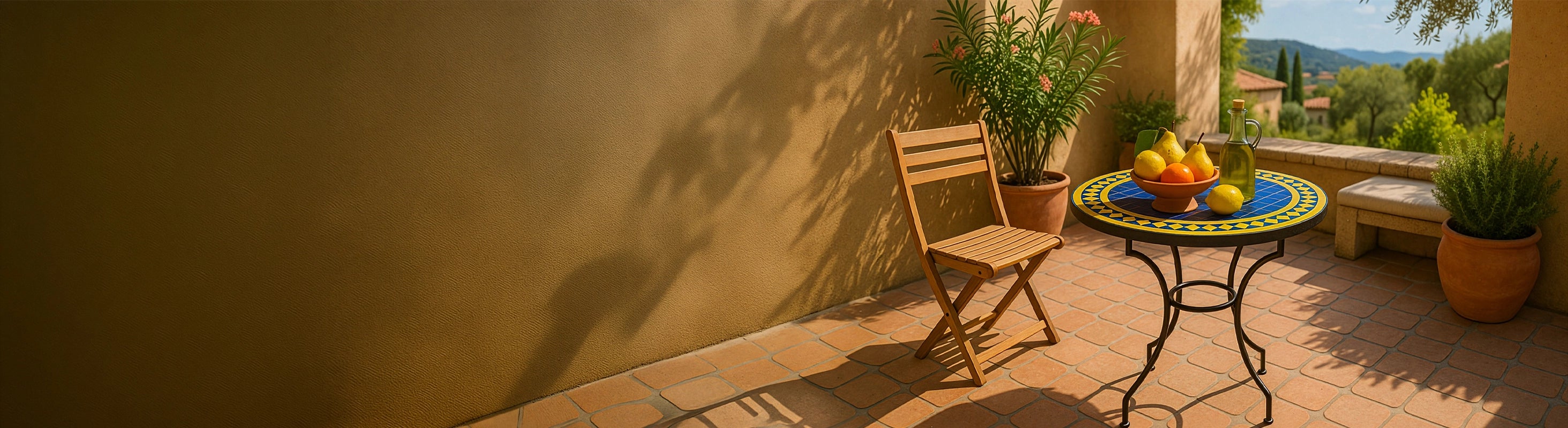 Tavoli in mosaico Ø60 – Runder Mosaiktisch Ø60 cm mit blauen Zellige-Fliesen als Bistrotisch auf sonniger Terrasse mit Stuhl und mediterraner Umgebung – 2 Personen