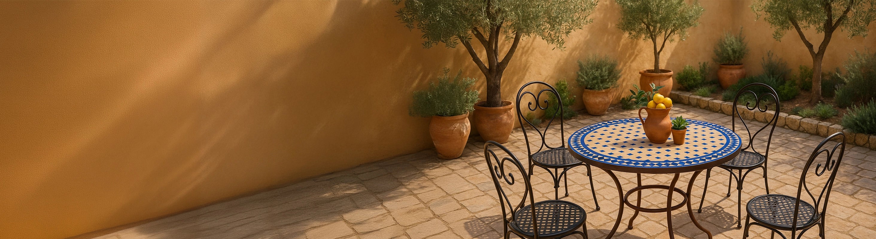 Tavoli in mosaico Ø80 – Grande tavolo rotondo in mosaico Ø80 cm con tessere zellige e quattro sedie nel giardino sul terrazzo con piante e ambiente mediterraneo